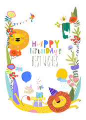Naklejka premium Cute Funny Animals celebrating Birthday