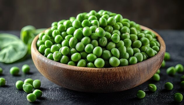 Wooden bowl overflowing with fresh vibrant green peas on a dark textured surface with scattered peas and leafy greens, evoking fresh wholesome appetite