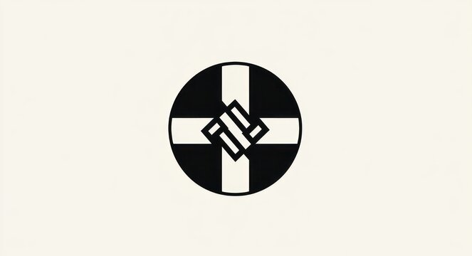 minimal black circular emblem with white cross and interlocking geometric knot on neutral off-white background, balanced and bold
