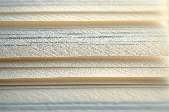 close-up of stacked lined notebook pages with blue horizontal lines, textured cream paper and soft warm light conveying calm minimalism