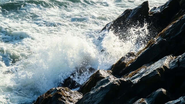 Powerful ocean waves crash against dark, jagged rocks on a sunny day, creating sea spray