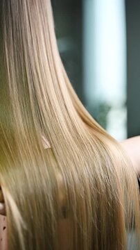Hairdresser showing results after keratin treatment. Perfect straight hair. Hairstylist showing smooth, straight light brown hair after keratin chemical hair straightening.