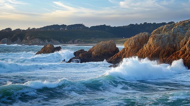 Powerful ocean waves crash against rugged coastal rocks under a cloudy sky at sunset