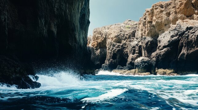 Powerful ocean waves crash against rugged, sun-drenched cliffs under a clear blue sky