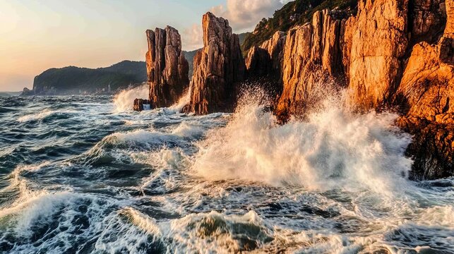 Powerful ocean waves crash against rugged, sun-kissed cliffs at sunset, creating sea spray