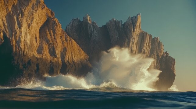 Powerful ocean waves crash against rugged, towering cliffs under a clear sky