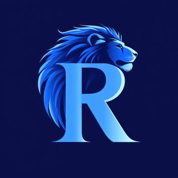 Regal blue lion head with flowing mane integrated into a bold letter R, conveying power and confidence
