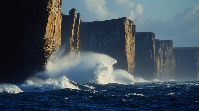 Powerful ocean waves crash against towering, sunlit sea cliffs under a sky