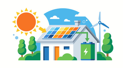 Solar energy house with sun and wind turbine generating clean electricity. © Rara