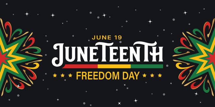 Juneteenth Freedom Day banner design with Pan African color pattern, typography, and stars background for poster or header