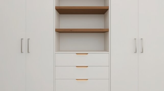 Minimalist empty wooden wardrobe with soft-close drawers and open shelves in bright room