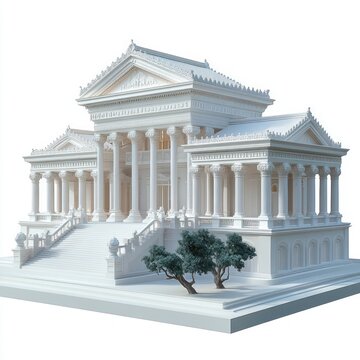Majestic white marble neoclassical temple with grand steps, corinthian colonnades, ornate pediments and two small trees, serene monumental facade