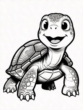 A cute cartoon turtle with a smiling face and detailed shell in black and white line art.