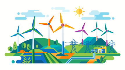 Fototapeta premium Wind turbines generate clean electricity on a green landscape with solar panels and power lines.