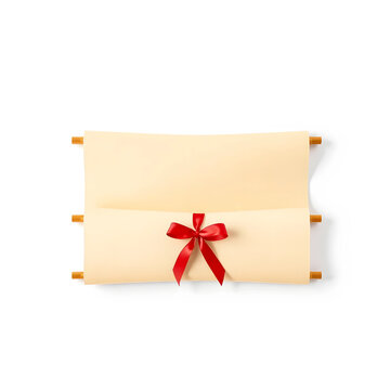 Blank parchment scroll with a red ribbon bow, ancient document and certificate concept, isolated on a white background