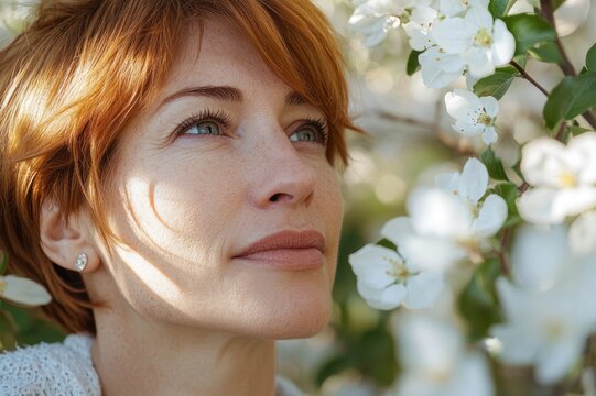 red-haired person with face blurred, wearing a knit sweater and stud earring beside white spring blossoms, serene peaceful mood