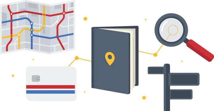 Travel Navigation and Urban Exploration Vector Concept Illustration Featuring Folded Subway Map Passport Guidebook Credit Card Magnifying Glass and Directional Signpost