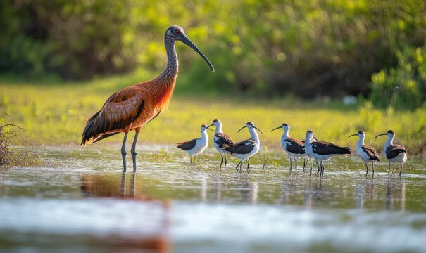large brown ibis with long curved bill standing in shallow reflective water beside a group of small black-and-white shorebirds in a sunlit wetland, tranquil scene