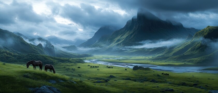 panoramic moody mountain valley with grazing horses, winding river, mist and low clouds over green meadows at dawn, peaceful majestic atmosphere