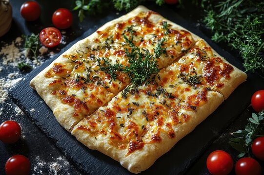 Rectangular cheesy flatbread pizza sliced into four topped with fresh thyme on a slate board surrounded by cherry tomatoes and flour, warm rustic appetizing scene