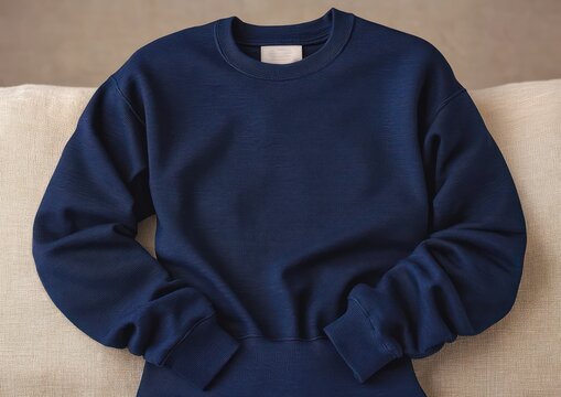 navy crewneck sweatshirt with folded sleeves laid on beige sofa conveying cozy relaxed comfort