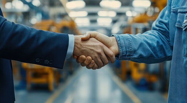 Handshake between suited professional and worker in denim jacket inside blurred factory conveying partnership and trust