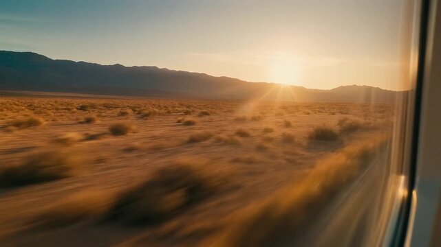 Point of View Shot from a Speeding Train Window Overlooking a Vast Sun-Drenched Arid Desert Landscape at Sunset, Cinematic Travel Background