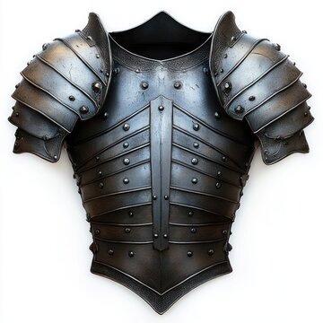 dark steel medieval breastplate with layered riveted pauldrons and textured finish, imposing protective presence