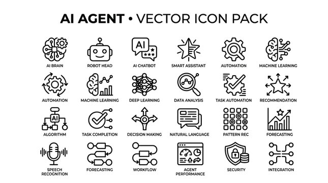 AI Agent Icon Pack Brain, Robot, Chat, Smart Assistant, Automation, Machine Learning, and Data Analysis Icons