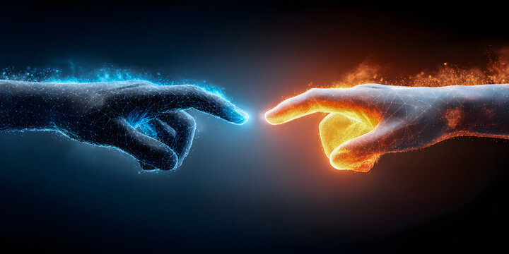 Blue and orange magical energy hands touching