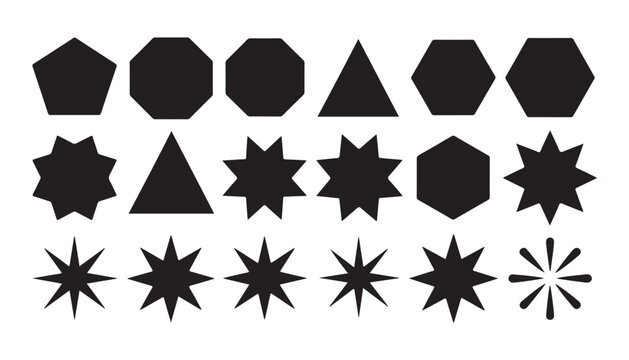 Set of black basic geometric shapes polygon star triangle diamond square circle vector illustration isolated.