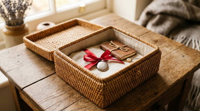 Vintage locket and leather journal in a woven rattan box