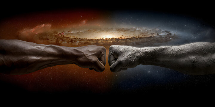 Fist bump between a human hand and a stone hand in space
