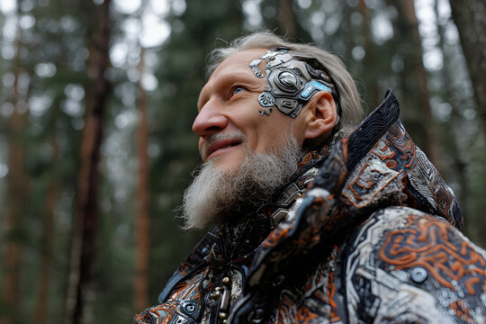 Elderly cyborg man in a forest