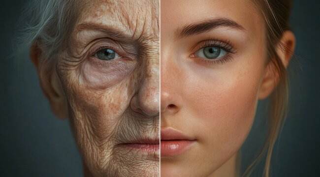 Split close-up portrait of an elderly woman and a young woman, half faces showing deep wrinkles and smooth skin in a contemplative, contrasting study of age
