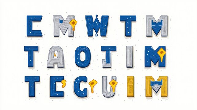 playful grid of stylized block letters in blue gray and yellow with decorative cutouts shadows and dotted white background conveying whimsical modern typography