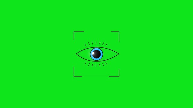 Chroma eye detection screen visual with scan brackets, bright green background, and centered vision symbol. Perfect for replacement footage, editing projects, security videos, and motion overlays.
