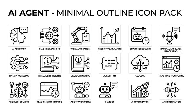 Comprehensive collection of artificial intelligence agent and machine learning thin line icons for automation technology software and web design