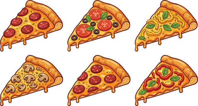 Delicious pizza slices vector set with various toppings including pepperoni mushroom tomato bell pepper and melting cheese crust
