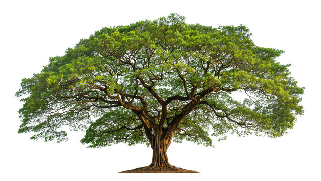 Isolated majestic tropical tree with large green canopy and intricate branches on solid ground