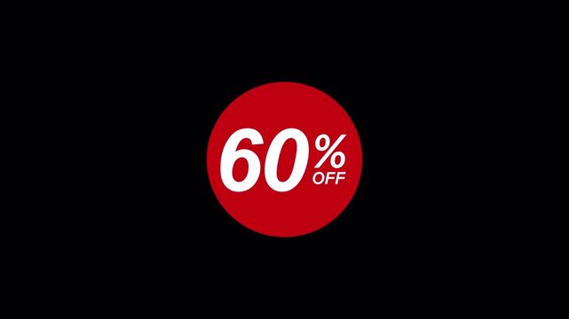 60 Percent Off Discount Tag on transparent background in 4K animation . 60% off sale banner animation .60% percent discount, promotion, and vibrant retail marketing graphic concept with Alpha Channel