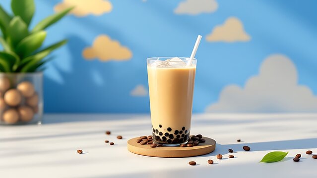 Delicious creamy beverage with tapioca pearls on a sunny table with plants