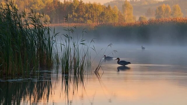 Ducks swimming on a misty lake at sunrise with reeds and forest in the background