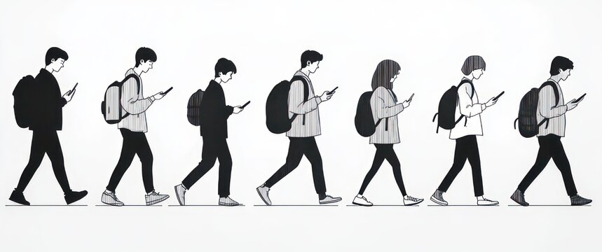 Seven walking young people in black-and-white silhouettes, each wearing a backpack and staring at a smartphone, minimalist illustration conveying detachment and modern isolation