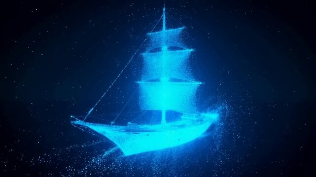A glowing blue particle ship sails through a starry dark background, forming from and dissolving into particles.