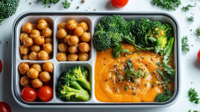 lunch tray with roasted chickpeas, steamed broccoli, cherry tomatoes and creamy orange vegetable puree topped with fresh herb garnish, bright, fresh and comforting