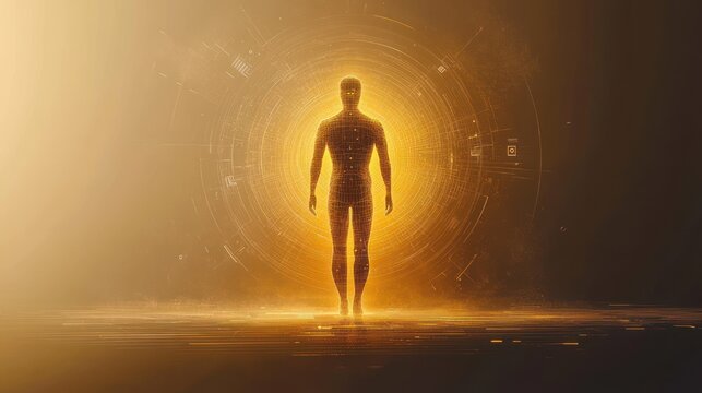 glowing golden human silhouette inside concentric digital rings with floating data particles, futuristic aura of empowerment and transcendence