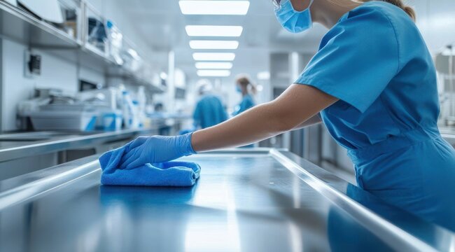 healthcare worker in blue scrubs and face mask wiping a stainless steel table with gloved hands in a bright sterile clinical room, focused and diligent