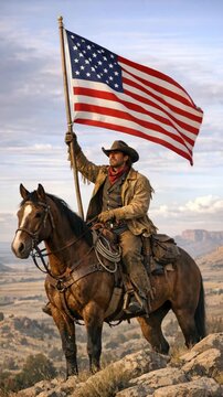 A cowboy on horseback waves an American flag in the background of a rocky landscape under a blue sky.