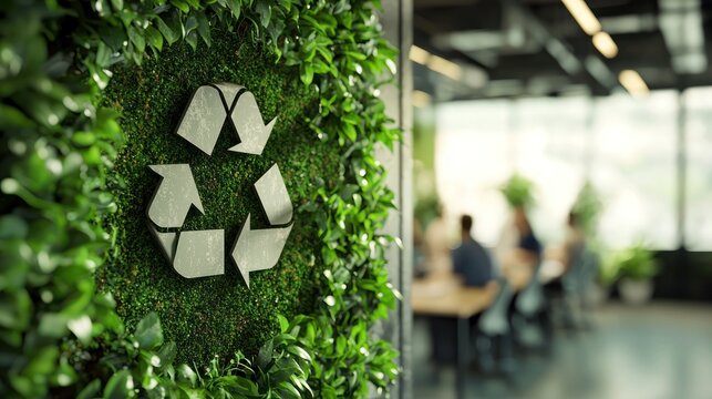 Recycle symbol with greenery in office